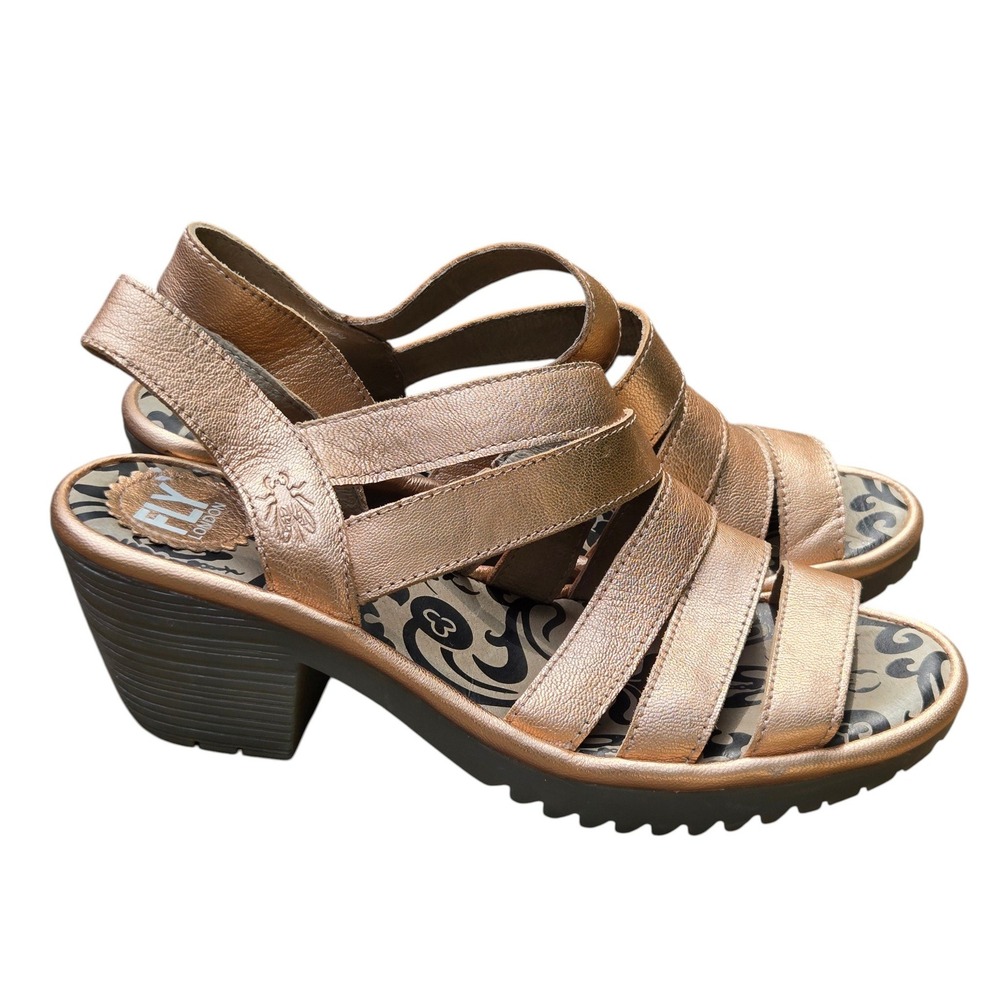 Fly London Metallic Rose Gold Strappy Block Heel Sandals
